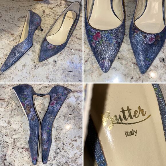 BUTTER Italy $350 1.5" Kitten Heel Gray Floral 6.5 EUC - Picture 1 of 14
